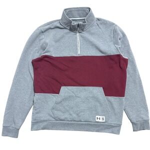 Under Armour Sweatshirt Mens XL Gray Burgundy Quarter Zip Loose Fit Kangaroo